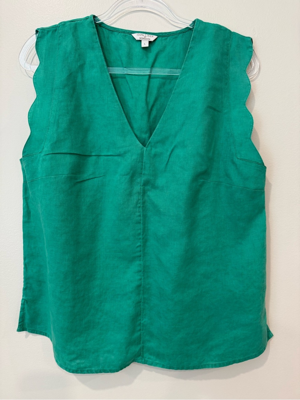 Monsoon 100% Linen Lotus Scallop Sleeveless V-Neck Tank Top Green L